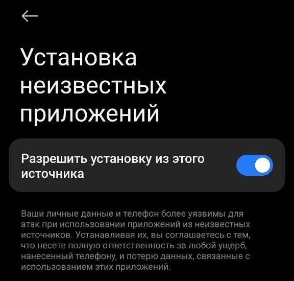 Настройки: переключатель Разрешить установку из этого источника включён